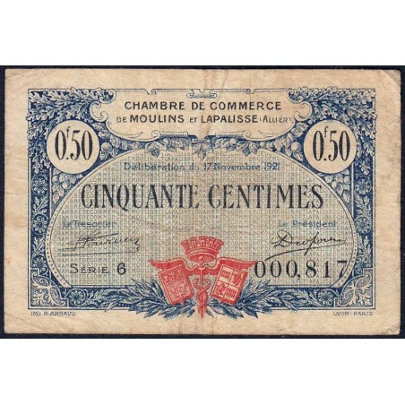Moulins et Lapalisse - Pirot 86-22 - 50 centimes - Série 6 - 17/11/1921 - Etat : TB-