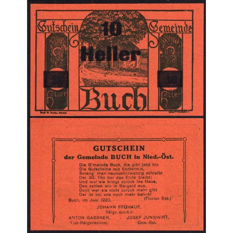 Autriche - Notgeld - Buch - 10 heller - Type III - 06/1920 - Etat : SPL+