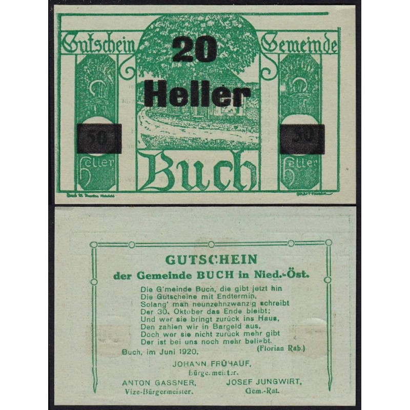 Autriche - Notgeld - Buch - 20 heller - Type III - 06/1920 - Etat : SPL+