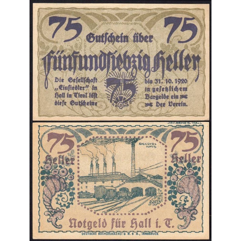 Autriche - Notgeld - Hall-in-Tirol - 75 heller - Type a - 1920 - Etat : SPL+