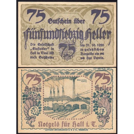 Autriche - Notgeld - Hall-in-Tirol - 75 heller - Type a - 1920 - Etat : SPL+