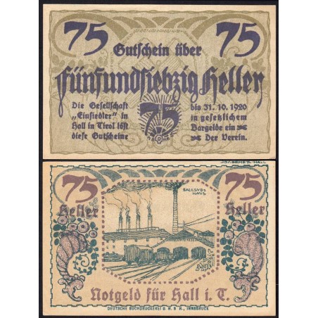 Autriche - Notgeld - Hall-in-Tirol - 75 heller - Type a - 1920 - Etat : SPL+