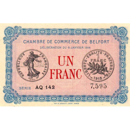Belfort - Pirot 23-24 - 1 franc - Série AQ 142 - 06/01/1916 - Etat : NEUF
