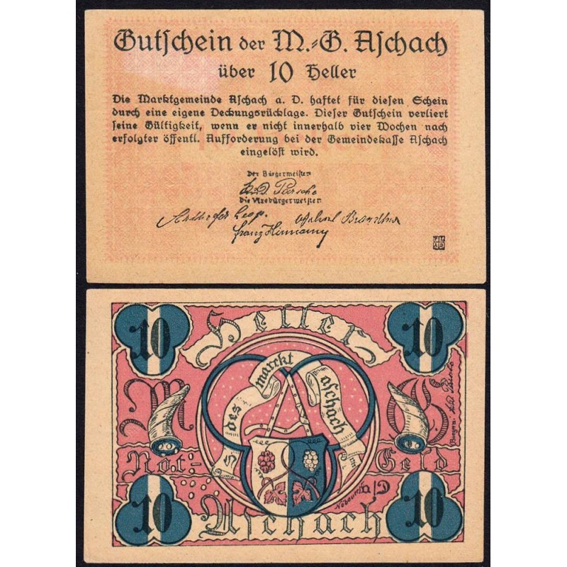 Autriche - Notgeld - Aschach - 10 heller - Type II b - 1920 - Etat : SPL+