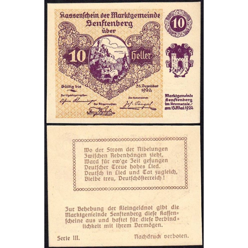 Autriche - Notgeld - Senftenberg - 10 heller - Type I d - 15/05/1920 - Etat : NEUF