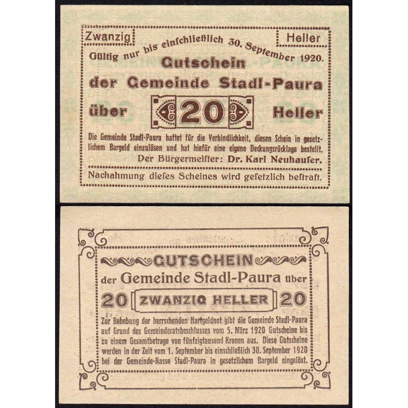 Autriche - Notgeld - Stadl-Paura - 20 heller - Type I a - 05/03/1920 - Etat : NEUF