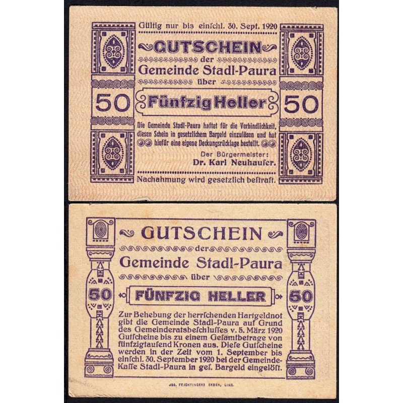 Autriche - Notgeld - Stadl-Paura - 50 heller - Type I a - 05/03/1920 - Etat : SUP+