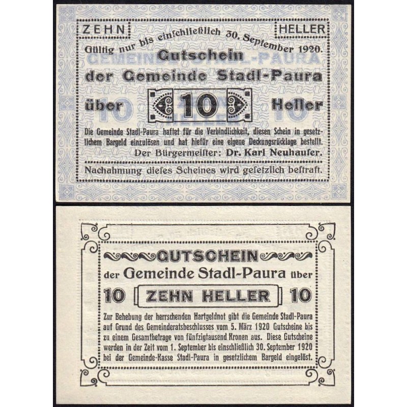 Autriche - Notgeld - Stadl-Paura - 10 heller - Type I b - 05/03/1920 - Etat : NEUF