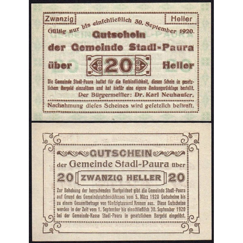 Autriche - Notgeld - Stadl-Paura - 20 heller - Type I b - 05/03/1920 - Etat : NEUF
