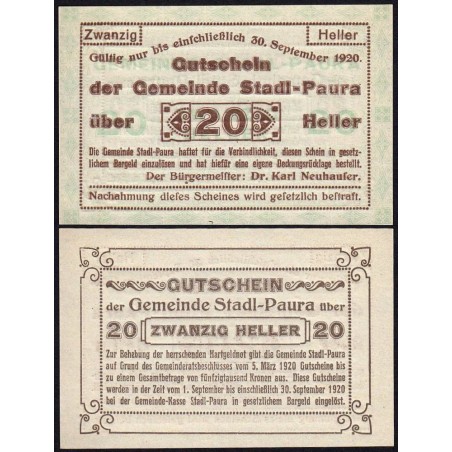 Autriche - Notgeld - Stadl-Paura - 20 heller - Type I b - 05/03/1920 - Etat : NEUF