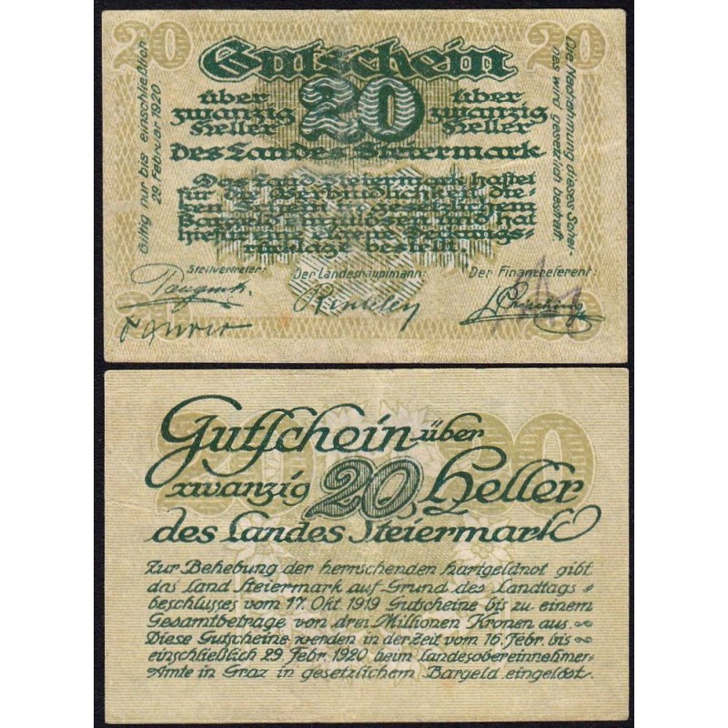 Autriche - Notgeld - Steiermark - 20 heller - 17/10/1919 - Etat : TTB