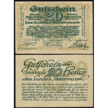 Autriche - Notgeld - Steiermark - 20 heller - 17/10/1919 - Etat : TTB