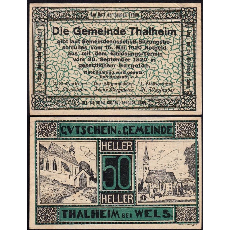Autriche - Notgeld - Thaleim-bei-Wels - 50 heller - 15/05/1920 - Etat : SUP