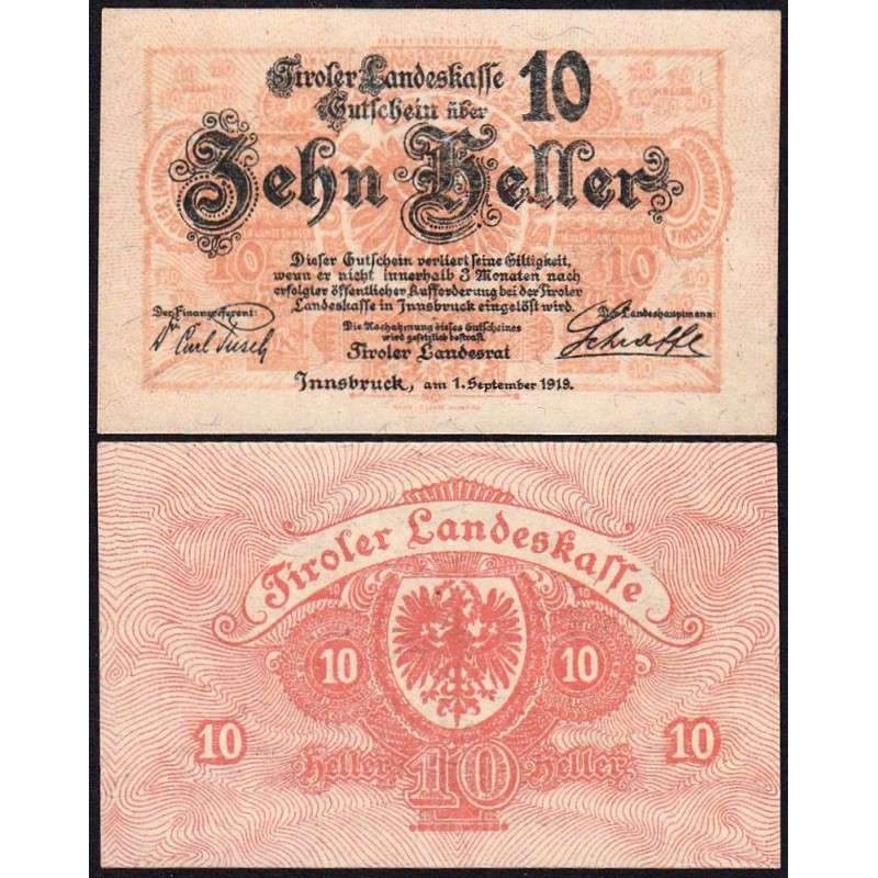 Autriche - Notgeld - Tiroler-Landeskasse - 10 heller - Type I a - 01/09/1919 - Etat : SPL