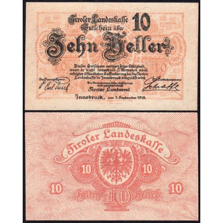 Autriche - Notgeld - Tiroler-Landeskasse - 10 heller - Type I a - 01/09/1919 - Etat : SPL