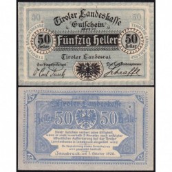 Autriche - Notgeld - Tiroler-Landeskasse - 50 heller - Type II a - 01/10/1919 - Etat : SPL+
