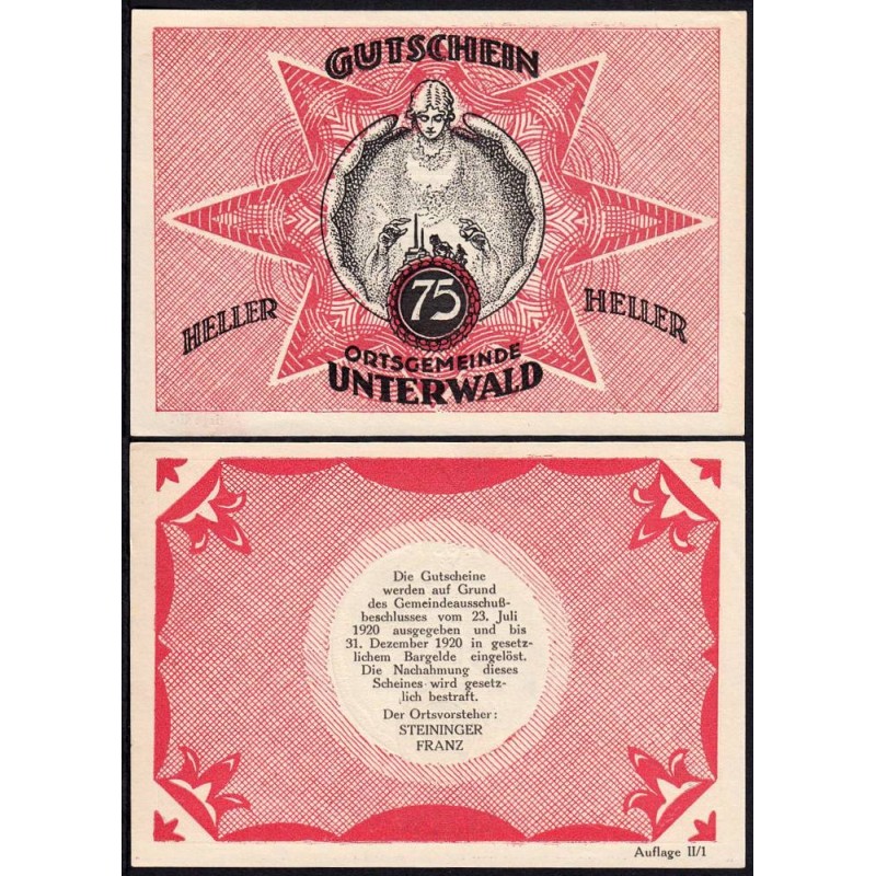 Autriche - Notgeld - Unterwald - 75 heller - Type II a - 23/07/1920 - Etat : pr.NEUF