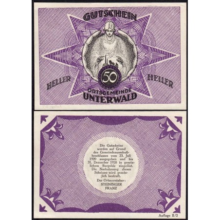 Autriche - Notgeld - Unterwald - 50 heller - Type II b - 23/07/1920 - Etat : pr.NEUF