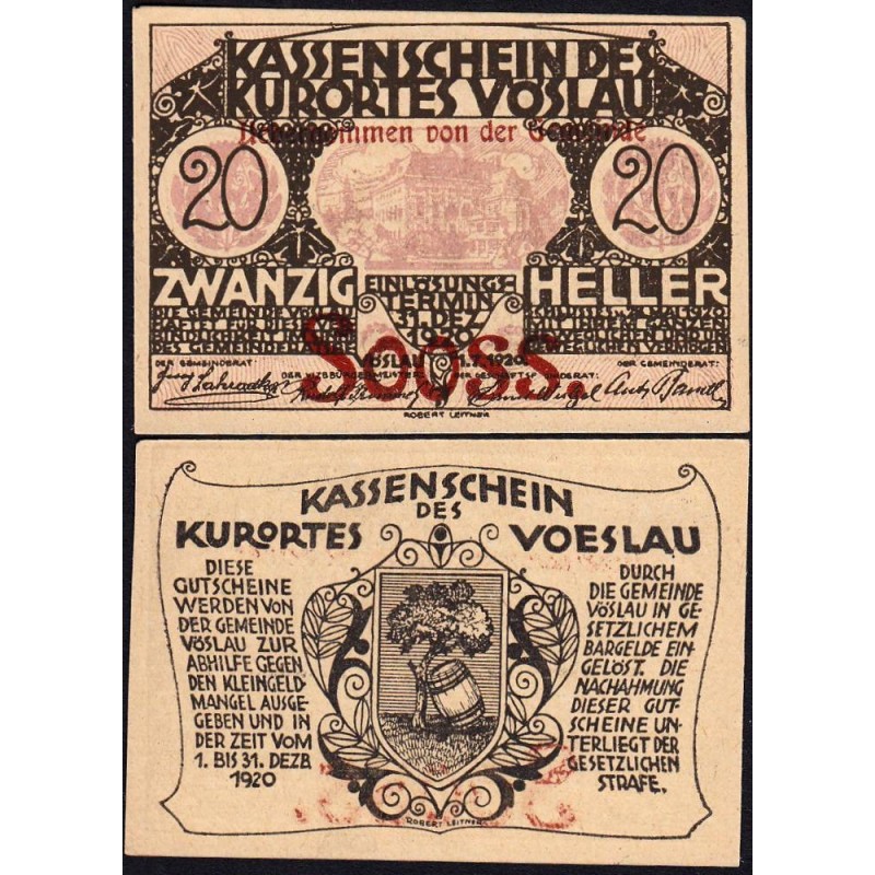 Autriche - Notgeld - Vöslau - 20 heller - Type II k - 01/07/1920 - Etat : NEUF