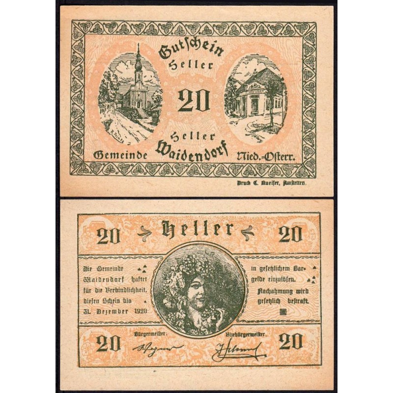 Autriche - Notgeld - Waidendorf - 20 heller - Type a - 1920 - Etat : pr.NEUF