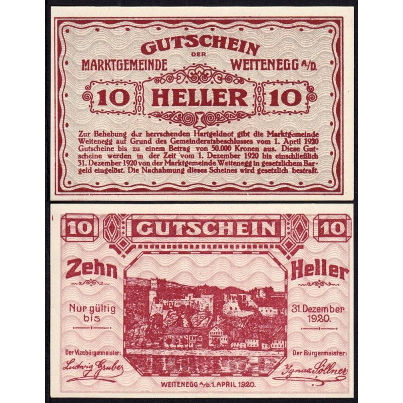 Autriche - Notgeld - Weitenegg - 10 heller - Type a - 01/04/1920 - Etat : NEUF