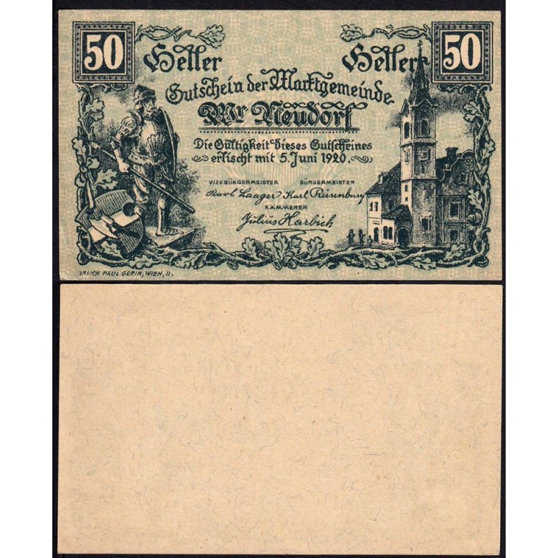 Autriche - Notgeld - Wiener-Neudorf - 50 heller - Type I a - 1920 - Etat : SPL