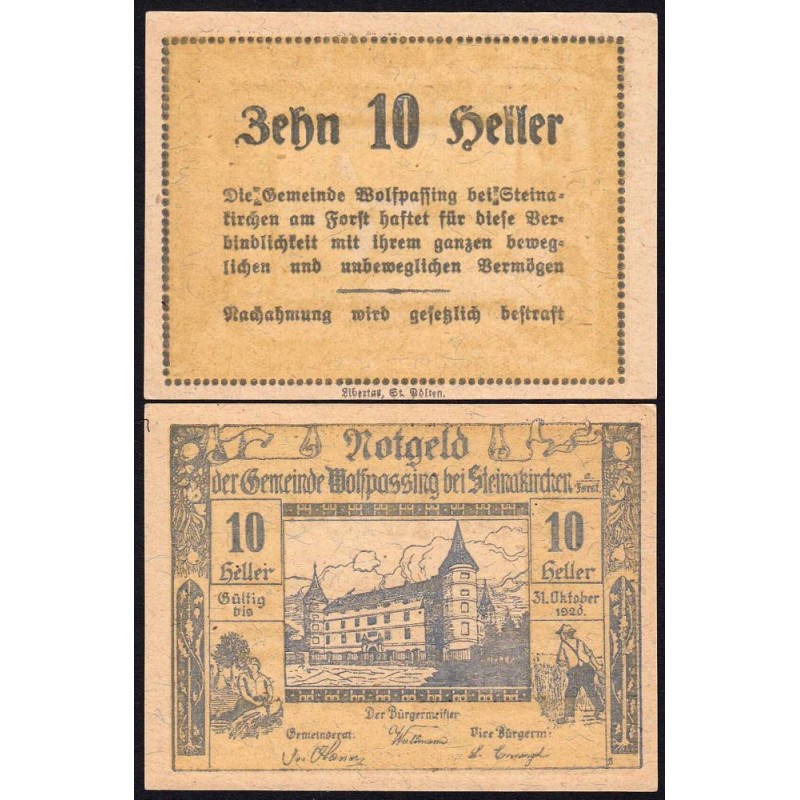 Autriche - Notgeld - Wolfpassing-bei-Steinarkirchen - 10 heller - Type I - 1920 - Etat : NEUF