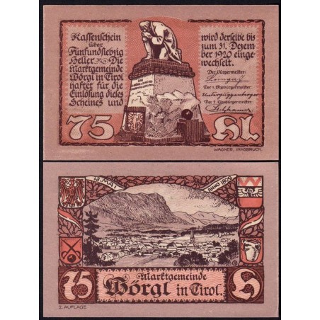 Autriche - Notgeld - Wörgl - 75 heller - Type I b - 1920 - Etat : pr.NEUF