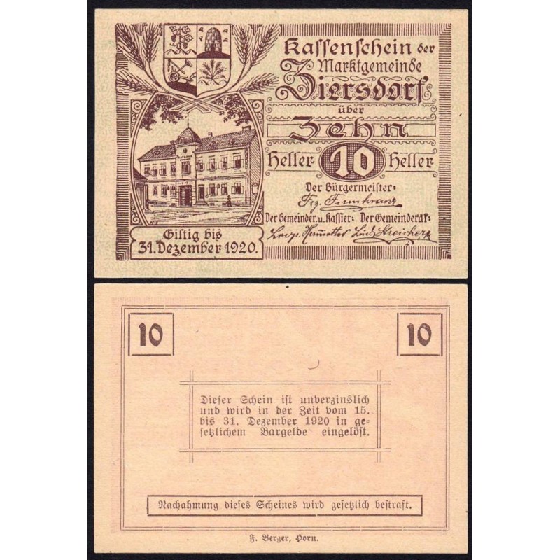 Autriche - Notgeld - Ziersdorf - 10 heller - Type a - 1920 - Etat : NEUF