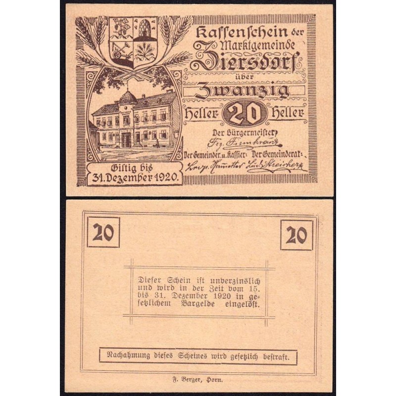 Autriche - Notgeld - Ziersdorf - 20 heller - Type a - 1920 - Etat : NEUF