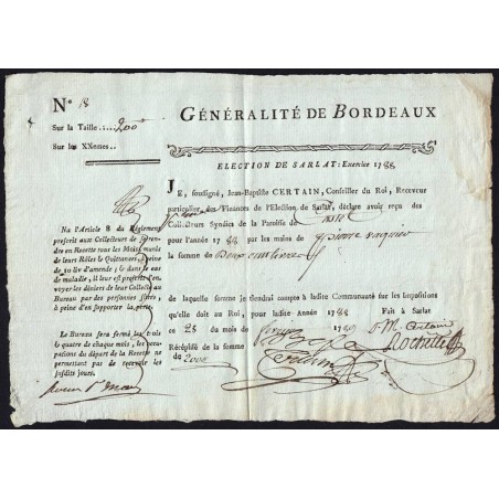 Dordogne - Castels - Sarlat - Louis XVI - 1789 - Taille - 200 livres - Etat : SUP
