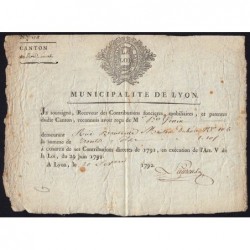 Rhône - Lyon - Révolution - 1792 - Contribution foncière - 30 sols - Etat : TTB