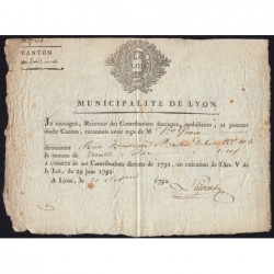 Rhône - Lyon - Révolution - 1792 - Contribution foncière - 30 sols - Etat : TTB