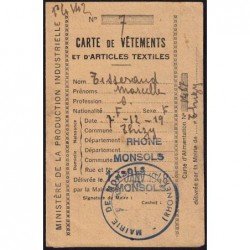 Carte de vêtements et d'articles textiles - Catégorie L - 1948 - Monsols (69) - Etat : TTB+