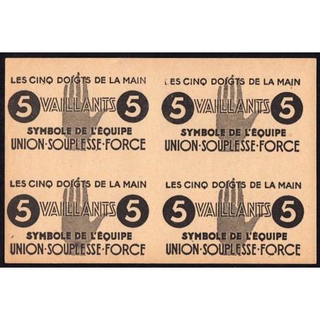 Feuille de 4 billets de 5 vaillants - 1ère série  - Type A - 1935/1945 - Etat : pr.NEUF