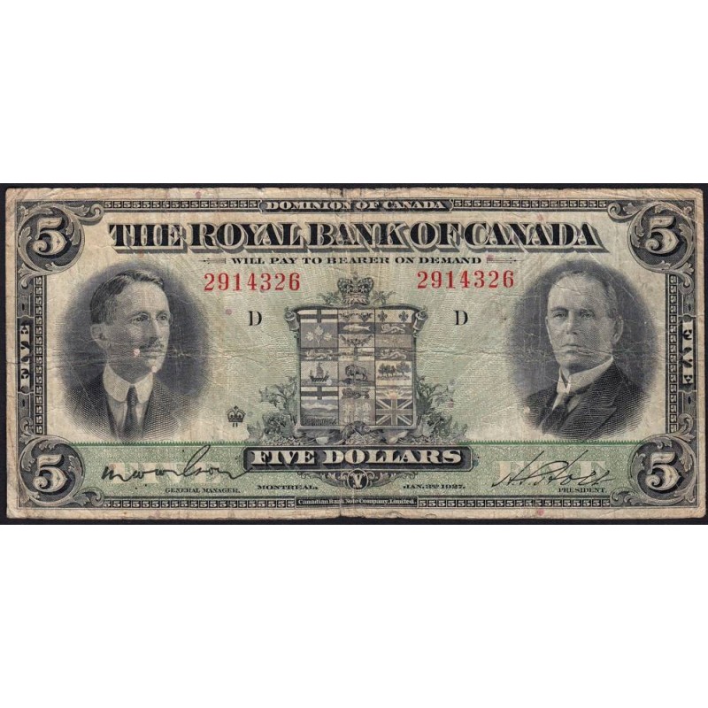 Canada - Pick S 1383 - 5 dollars - Sans série - 02/01/1927 - Etat : TB-