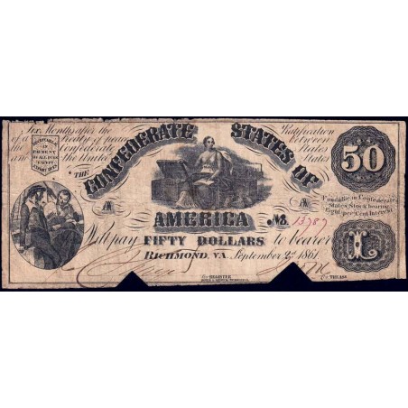 Etats Conf. d'Amérique - Pick 35 - 50 dollars - Lettre M - 02/09/1861 - Billet annulé - Etat : TB-