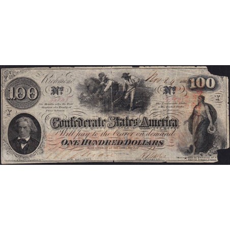 Etats Conf. d'Amérique - Pick 45 - 100 dollars - Lettre Y - 20/11/1862 - Etat : AB