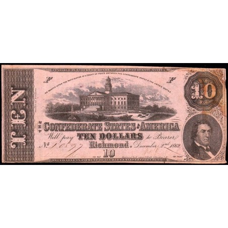 Etats Conf. d'Amérique - Pick 52a - 10 dollars - Lettre F - Sans série - 02/12/1862 - Etat : TTB-