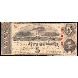 Etats Conf. d'Amérique - Pick 59b - 5 dollars - Lettre H - Série 2 - 06/04/1863 (10/1863) - Etat : TB-