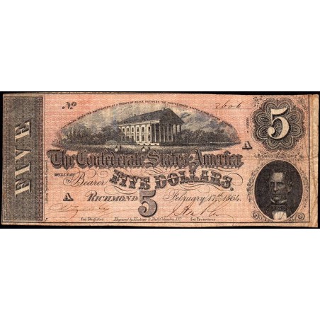 Etats Conf. d'Amérique - Pick 67 - 5 dollars - Lettre A - Série 3 - 17/02/1864 - Etat : TB+