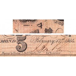 Etats Conf. d'Amérique - Pick 67 - 5 dollars - Lettre A - Série 3 - 17/02/1864 - Etat : TB+