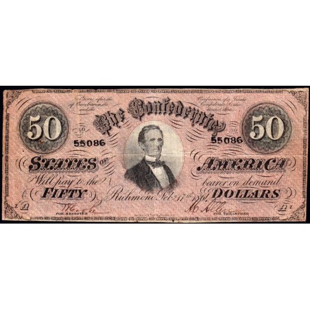 Etats Conf. d'Amérique - Pick 70 - 50 dollars - Lettre A - Sans série - 17/02/1864 - Etat : TB+