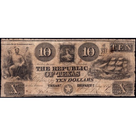 République du Texas - Pick 26 - 10 dollars - Lettre A - 13/07/1839 - Billet annulé - Etat : TB-