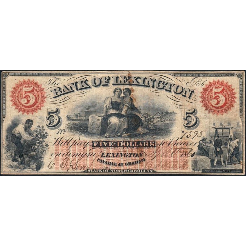 Etats Unis - Caroline du Nord - Lexington - 5 dollars - Lettre B - 06/04/1861 - Etat : TTB-