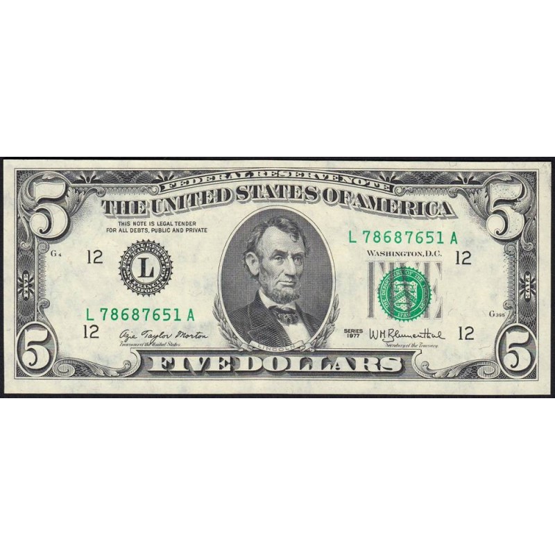 Etats Unis - Pick 463a - 5 dollars - Série L A - 1977 - San Francisco - Etat : NEUF