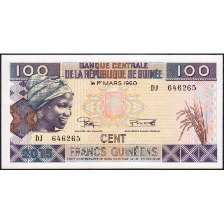 Guinée - Pick A47 - 100 francs guinéens - Série DJ - 2015 - Etat : NEUF