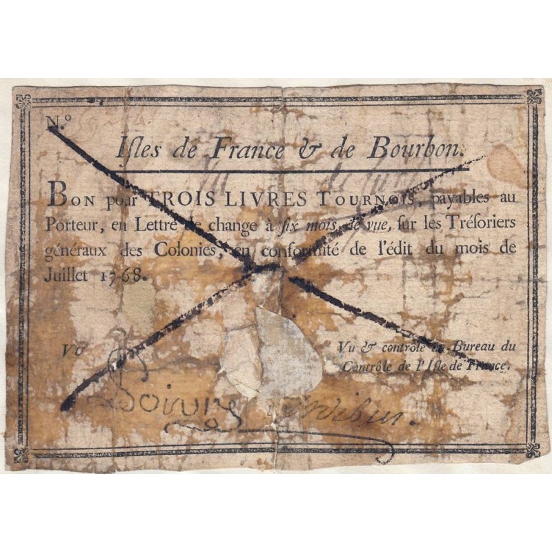 Isles de France et Bourbon - Kolsky 505 - 3 livres tournois - 07/1768 - Etat : TB
