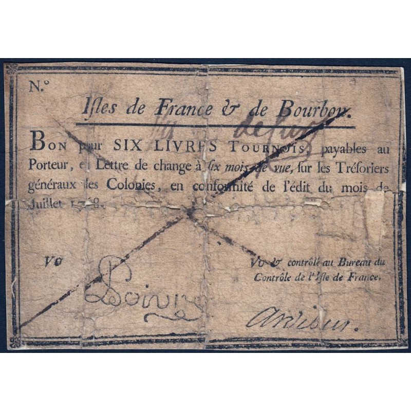 Isles de France et Bourbon - Kolsky 506 - 6 livres tournois - 07/1768 - Etat : TB