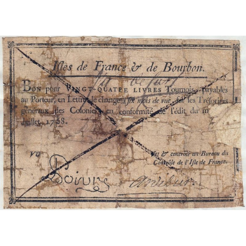 Isles de France et Bourbon - Kolsky 508 - 24 livres tournois - 07/1768 - Etat : TB